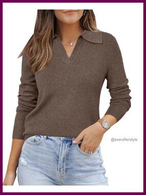 Wool Blend Collared V-Neck Polo Sweater Business Casual Pullover
